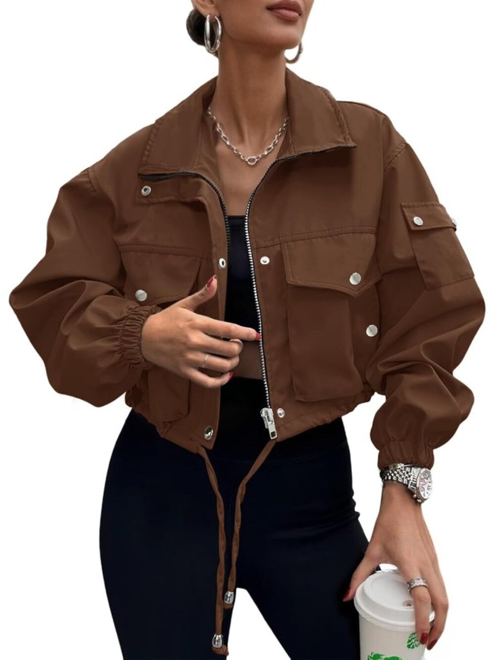 Women's Caramel 100% Polyester Cropped Zip Up Cargo Utility Anorak Bomber Jacket